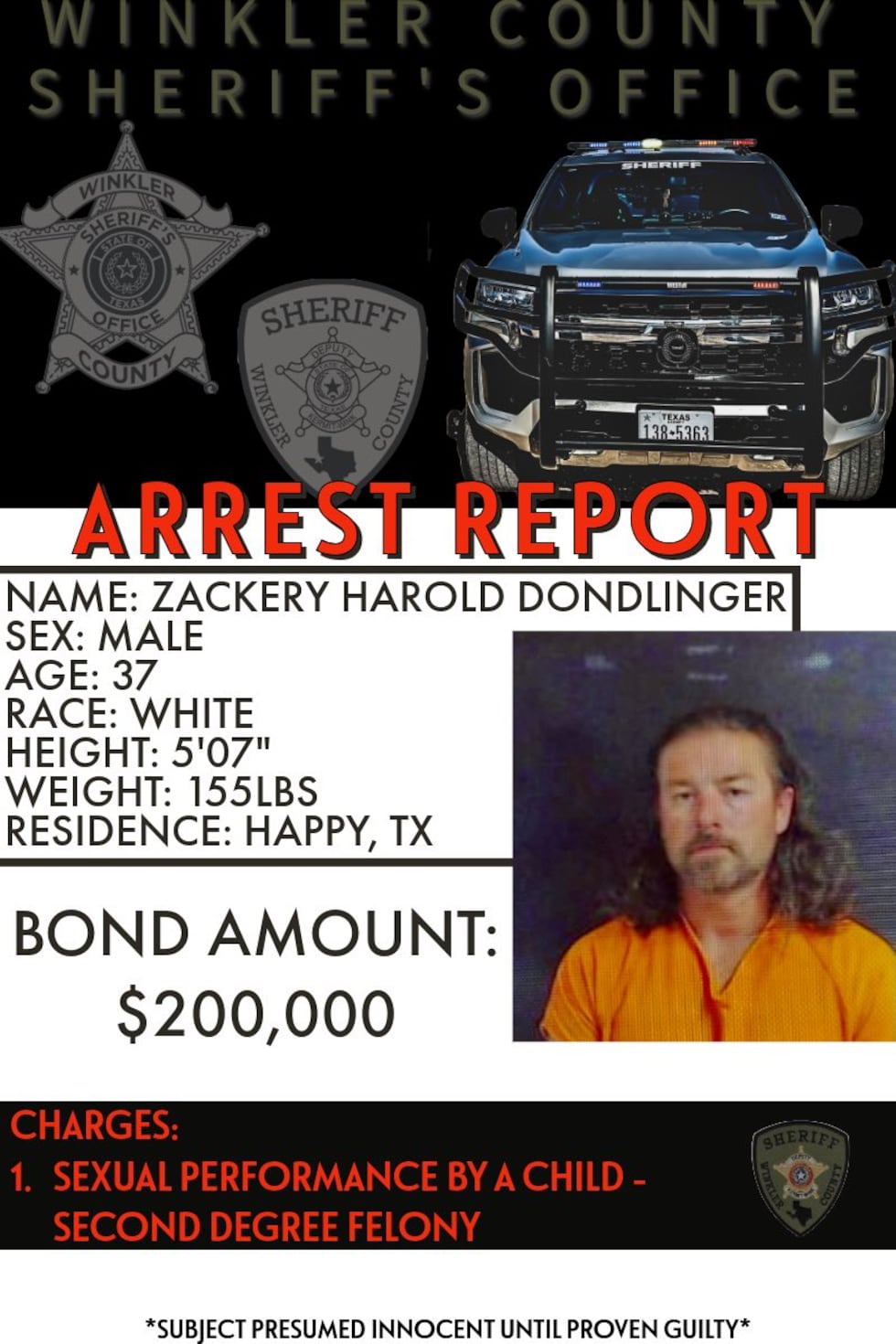 Zackery Dondlinger of Happy, Texas arrested and held in Winkler County
