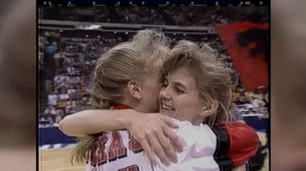 Krista Gerlich celebrating the Texas Tech Lady Raider national championship with her teammate...