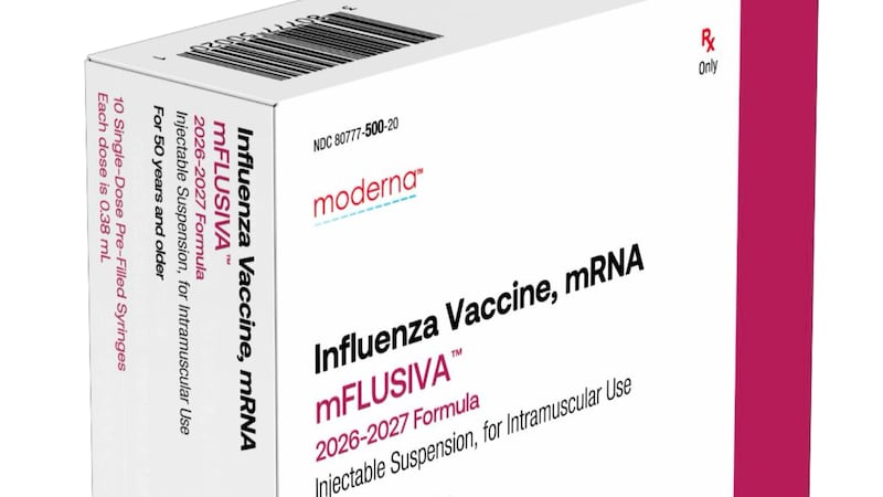 This image provided by Moderna in September 2026 shows packaging for the mFLUSIVA mRNA flu...