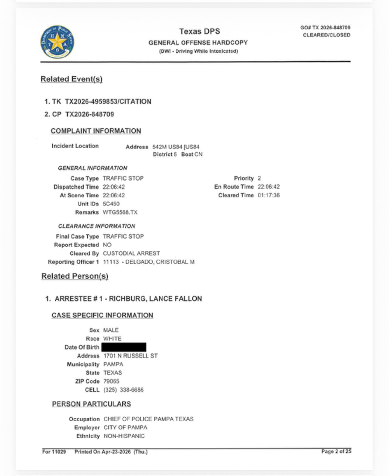 Arrest report reveals details of former Pampa police chief’s DWI charge
