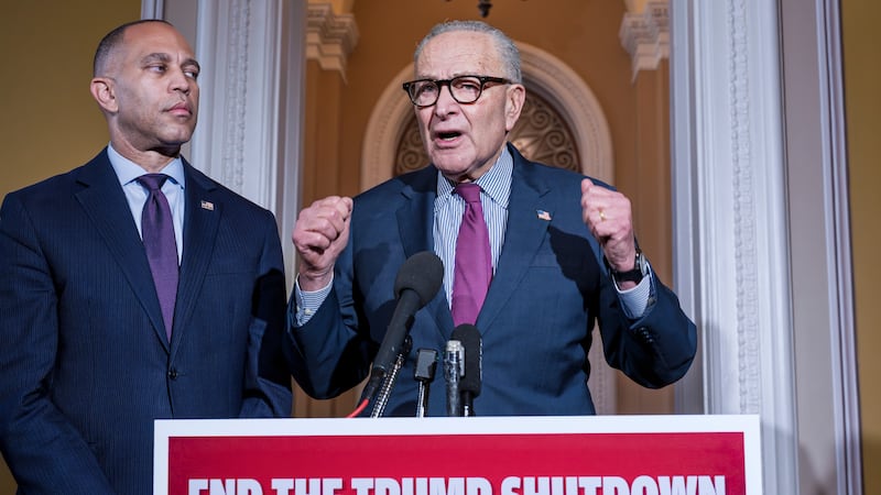 House Minority Leader Hakeem Jeffries, D-N.Y., left, and Senate Minority Leader Chuck Schumer,...