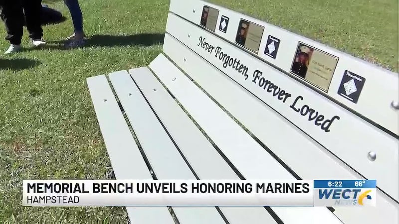 A bench now stands at the Speedway gas station in Hampstead to honor three Marines who died...